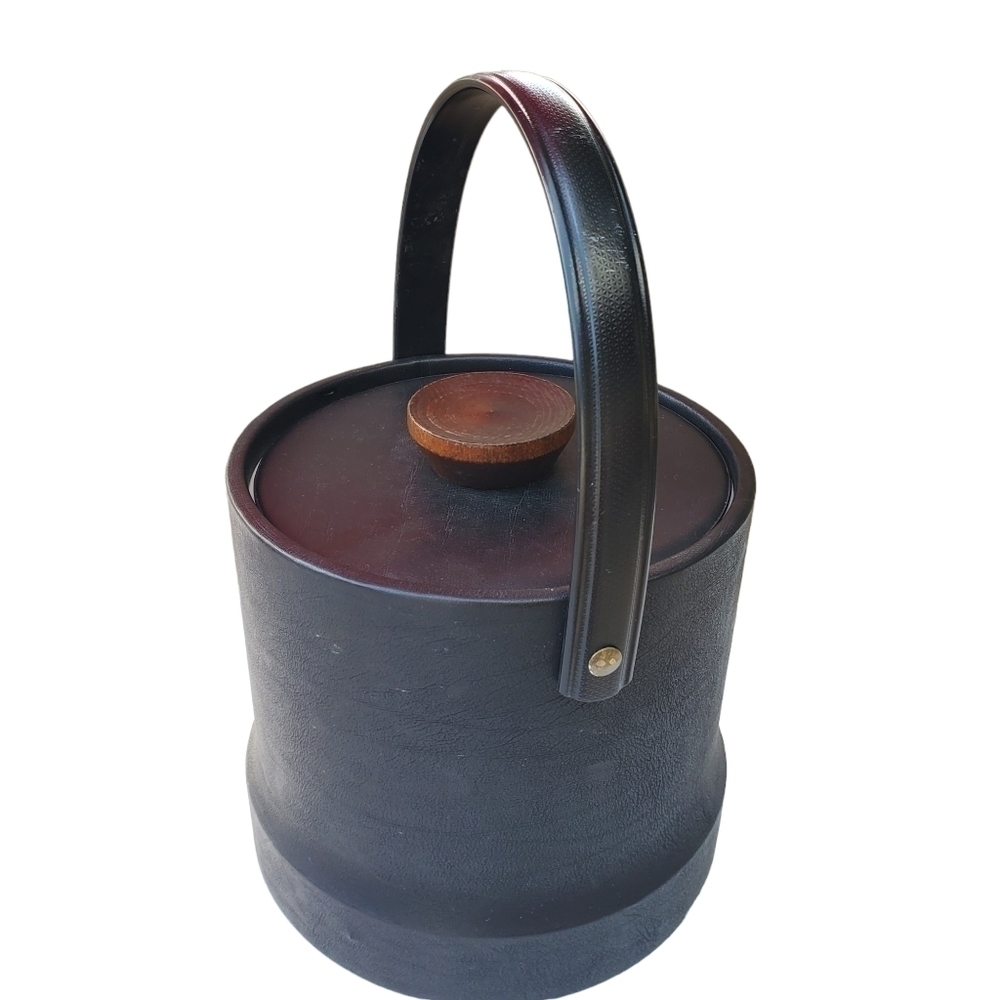 Vintage MCM faux leather Ice bucket with Lid and tongs